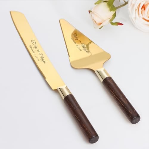 Juego de Cuchillo y Servidor para Pastel de Boda, Conjunto de Corte de Pastel de Acero Inoxidable, Oro Plata Cortador de Pastel Servidor de Pasteles para Navidad, Cumpleaños, Fiesta (Nogal Dorado)