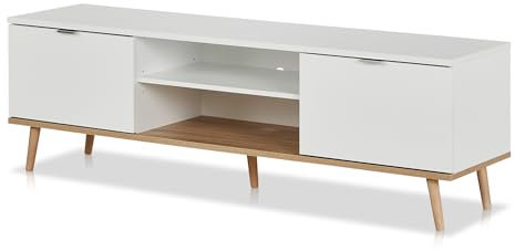 KHG TV-Lowboard 2-türig & 2 Fächer Scandi, TV-Bank aus Holzwerkstoff weiß foliert fürs Wohnzimmer, 35 kg belastbar, 160 x 50 x 40 cm (B/H/T)