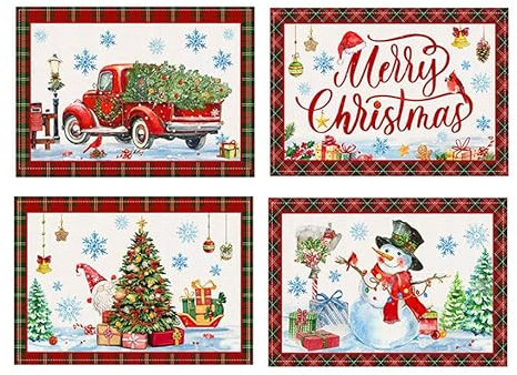 YunBey 4 Stück Weihnachts Tischset Schneemann Weihnachtsbaum Platzset Leinenstoff Platzdeckchen Weihnachten Hitzebeständig Abwaschbar für Weihnachts Tischdeko (32×45CM, Quadrat)