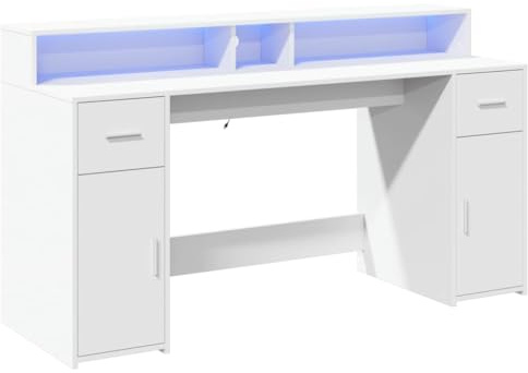 vidaXL Desk with LED Lights White 160x55x91 cm Engineered Wood | It's got spacious drawers and shelves for keeping things neat, Comes with RGB LED lights to set the mood,
