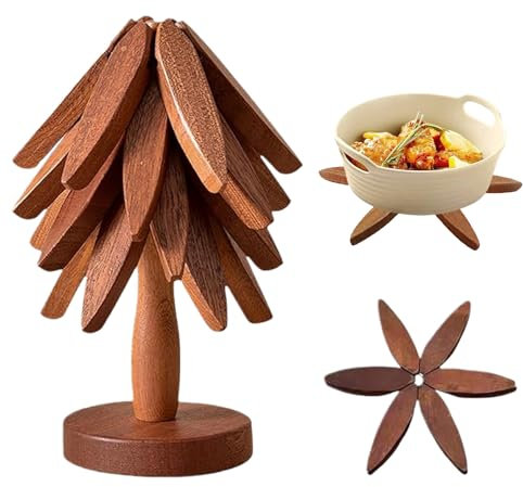 Wooden Trivets for Hot Dishes,Tree Shape Trivet Set, 4 Wooden Hot Dishes Plates + 1 Stand,Natural Collapsible Kitchen Wooden Hot Dishes for Pots, Pans, Bowls, Tea Kettles, Fondue Holders(Walnut)