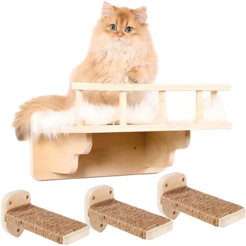 COOLEX Katzen-Wandregal mit 3 Katzen-Wandstufen, Katzen-Wandregale mit Plüschbezug, Katzenkletterregal für den Innenbereich, Katzen-Wandmöbel, Katzenregal für die Wand (Holz)