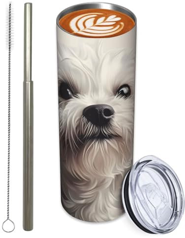 Turamurra Edelstahlbecher mit Deckel und Strohhalm, Malteser-Hundebecher für heiße und kalte Getränke, Reise-Kaffeetasse, isolierte Becher, Malteser-Geschenke für Frauen, Erwachsene, Kinder