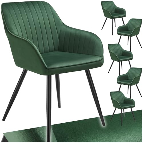 tectake® Samt Stuhl, Esszimmerstuhl mit Samtstoff, Küchenstühle modern, gemütlicher Sessel Wohnzimmer, Armlehnstuhl Esszimmer, Dining Lounge, Schminktisch Stuhl - dunkelgrün/schwarz, 6er Set
