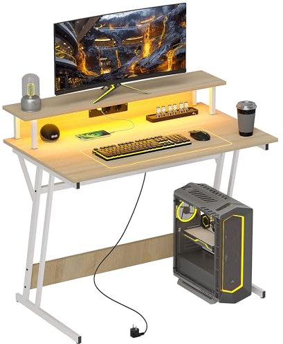 HOMCOM Mesa Gaming con Luces LED 100x60 cm Escritorio Gaming Mesa Gamer con Tomas de Corriente Soporte para Monitor Estantes y Control Remoto para Oficina Estudio Natural