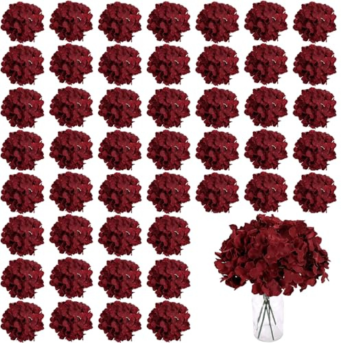 WEISPARK 100PCS Artificial Hydrangea Flowers, Fake Flowers Silk Hydrangea Full Flowers Heads with Stems for Wedding Home Party Shop Baby Shower Decor (Burgundy)