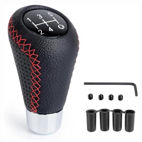 YMPWFQOD 5 Gang Auto Schaltknauf für Volvo S40 S60 S80 S90 V40 V60, Austauschbarer Auto Leder Schaltknüppel mit 4 Adaptern 8/10/11/12mm für Manueller Auto, Auto Innenausstattung, B/Black-Red Line