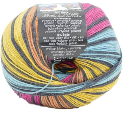 Online Garne Supersocke Silk Color Sockenwolle mit Seide, Sockengarn, Strumpfwolle 4-fädig mit Farbverlauf, 55% Wolle, 25% Polyamid, 20% Seide, 100g, 400m (3126)