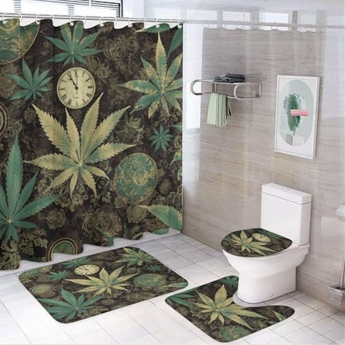 peiyeety A Puff in Time Weed Printing 4-teiliges Badezimmer-Duschvorhang-Set mit rutschfesten Teppichen, inkl. 12 Haken, Badematte, ovalem Toilettendeckel-Teppich