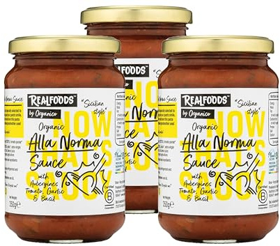 Realfoods by Organico | Organic Alla Norma Pasta Sauce with Aubergine, Tomato, Garlic & Basil – Classic Italian Recipe – Perfect for Pasta & Vegetables | 350g (Pack of 3)