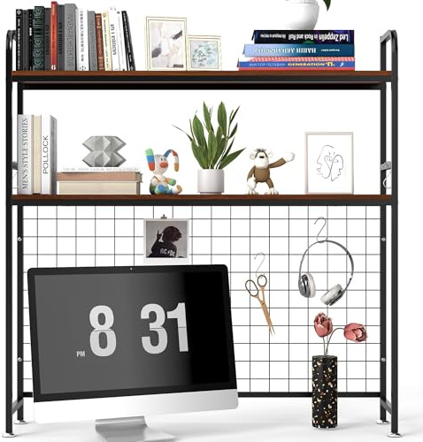 aleawol Computer Desktop Bookcase, 98x95x20cm, 2-Tier Metal and Wood Desktop Bookshelf Storage with Grid, Multipurpose Display Rack Desk Hutch Organizer for Home Office Dorm