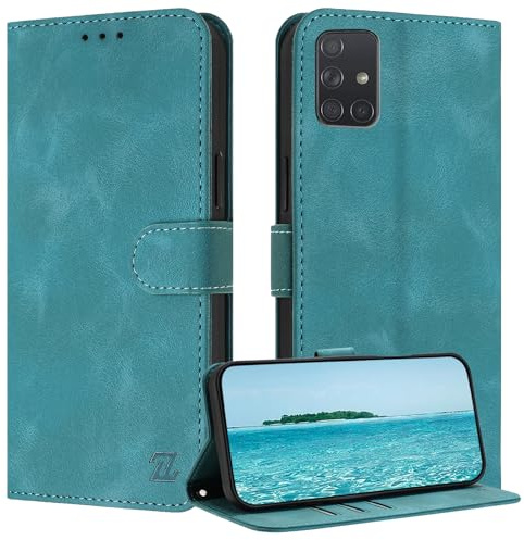 ZONNAVI für Samsung Galaxy A71 Hülle, [RFID Blocker] PU Lederhülle Schutzhülle mit Kartenfach, Wallet Case Stoßfeste Flip Cover für Samsung A71 Handyhülle (Blauer See)
