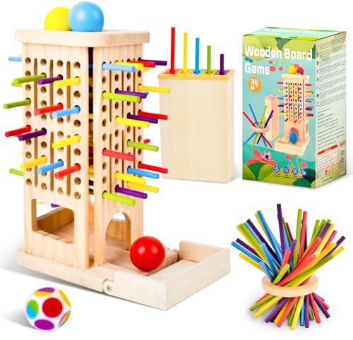 3-IN-1 Montessori Spielzeug ab 3 Jahre, Montessori Spiel Brettspiel aus Holz, 40 Stück Bunte Holzstäbchen Feinmotorik Spiele, Lernspielzeug Kinder Familienspiel Reisespiel Geschenk für Mädchen Jungen