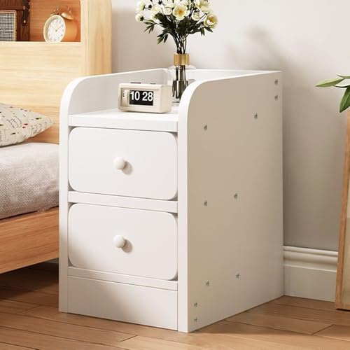 LONENESSL Bedside Tables with Drawers, 2 Drawer Wooden Bedroom Bedside Cabinet, storage layer, Nightstand Table, Soft corners, Three sided guardrail raised, for Living Room, Bedroom, Study, White