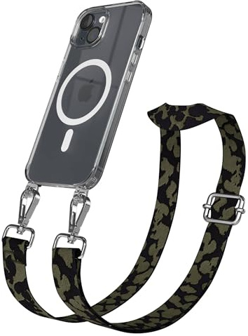 EAZY CASE Handykette - Verstellbares Taschenband kompatibel mit iPhone 15, Schulterriemen, Handykordel mit Silikon Hülle, Qi Charging kompatibel, Umhängetasche, Dunkelgrün Camouflage Silber