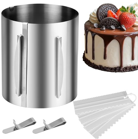YeeQo Tortenring Hoch 20 cm, Edelstahl Tortenring Verstellbar mit Skala | Backring Verstellbar 16-30 cm mit 2 Clips und 4 Sahneschaber, Kuchenring zum Backen und für Schichtkuchen geeignet