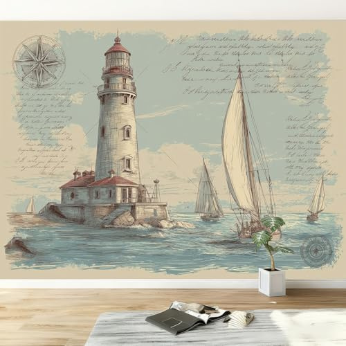 Fototapete Vintage Nautisch Leuchtturm 350 x 256 cm Wandbilder XXL Vliestapete für Wohnzimmer & Schlafzimmer Moderne Kinderzimmer Dekoration Wanddeko Tapete Geruchlos – Hellblau