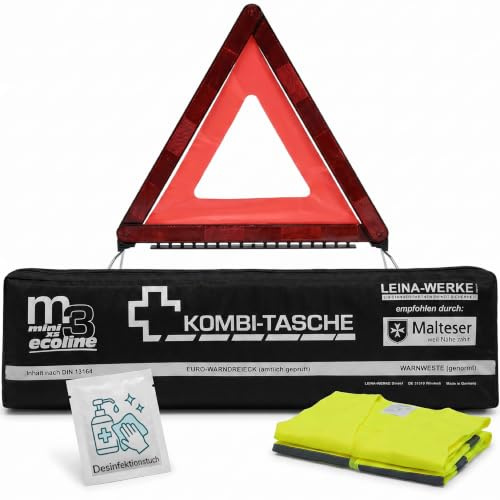 Auto Verbandskasten Made in Germany mit Warndreieck & Warnweste Zubehör | Kfz Kombitasche | nach Norm DIN 13164 | Erste Hilfe & Pannenset | leicht mitzuführenden Tasche | Masken Typ I
