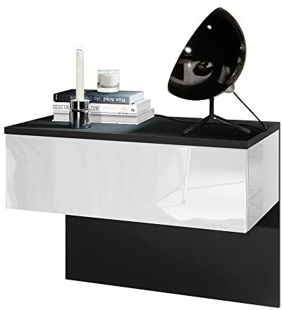 Vladon Nachttisch Sleep, Made in Germany, Nachttischschrank mit Schublade zur Wandmontage, Schwarz matt/Weiß Hochglanz (60 x 46 x 35 cm)