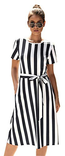 DSJJ Robe de Plage Rayure Femme Manche Courte Bohème Imprimée Robe Femme ete Chic Enceinte Robe Boheme (Noir,M)
