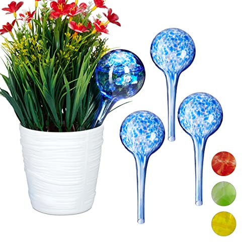 Relaxdays 4 x Bewässerungskugel im Set, dosierte Bewässerung Pflanzen u. Blumen, Gießhilfe Büro, Urlaub, Ø 6 cm, Glas, blau