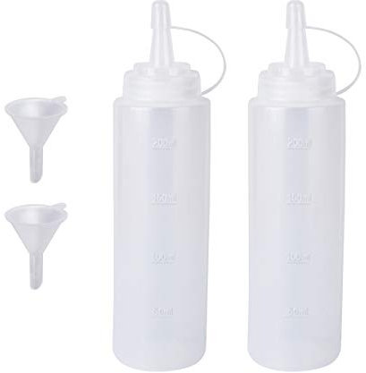 Katfort Lot de 2 bouteilles à sauce en plastique avec bouchon et entonnoir Idéal pour sauce, ketchup, barbecue, vinaigrette, peinture, atelier, distributeur de crêpes, etc.