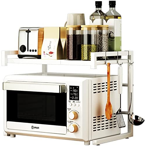 PUSDON Extendable Microwave Oven Rack, Heavy Duty Adjustable Microwave/Toaster Shelf(L15.7~23.6 xW14.2 xH16.5), 2-Tier with 3 Hooks Kitchen Counter Top Organizer, 55lbs Weight Capacity, White