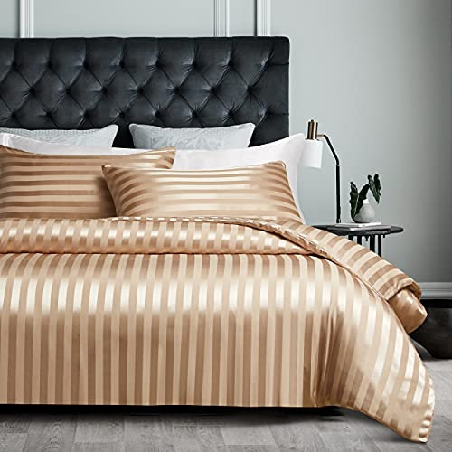 Damier Bettwäsche 155x220cm Beige Satin glatt glänzend gestreift Bettwäsche Set Uni einfarbig Luxus Glanzsatin Bettbezug mit verdecktem Reißverschluss und 1 Kissenbezug 80 × 80 cm