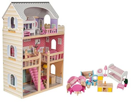 Mamabrum Casa de Muñecas de Madera con 3 Pisos y Terraza - Mansión Infantil 60x30x90cm con Iluminación LED, Muebles y Accesorios - Juguete Seguro en Colores Pastel