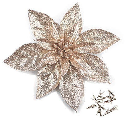 GL-Turelfies 12 Stück glitzernde Weihnachtsblumen (16 cm) mit 12 Stück Clips künstliche Weihnachtssterne Blume Weihnachtsbaum Blumen Dekorationen Weihnachtsbaum Ornamente (Champagner)