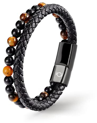 UNIQAL | Echtleder Armband Herren mit Natursteinen PASSION Mens nature stone Bracelet | Edelstahl, Männer | Etui Box Gratis (GELBES TIGERAUGE, 23)