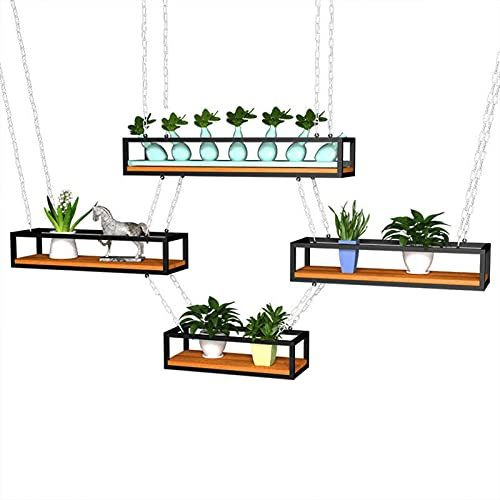 Decke Hängende Regal Küche Deckenregal Blumenständer Würfel Weinhalter-Eisenkette und Holz-Boden-Pflanzenständer Pot-Pan-Rack,Wurstkrone Balkon-Dekorhalter für Blumen pflanzen Blumenstand, 60cm~140cm