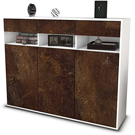 Stil.Zeit Highboard Kommode Marlene, Korpus Weiss matt, Front Industrie-Design Rost (136x108x35cm), Push-to-Open Technik & Leichtlaufschienen