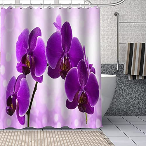 Duschvorhang 180x200 Violett, 3D Drucken Orchidee Shower Curtains Textil Anti Schimmel Wasserdicht Duschvorhänge Badewanne Stoff Polyester Waschbar Lang Vorhang mit 12 Haken