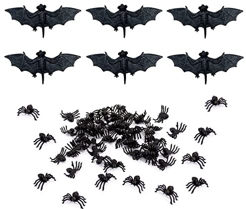 Oblique Unique® Horror Streudeko Set 6 Fledermäuse & 50 Spinnen Tischdeko für Halloween Deko Fasching Karneval Motto Party zum Erschrecken und Gruseln