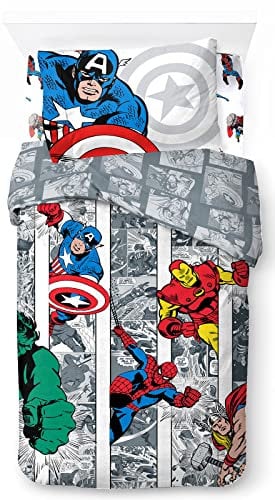 Jay Franco Marvel Comics Comic Cool 100% Baumwolle 3-teiliges Bettwäsche-Set 135x200cm Einzelbettgröße - Bettbezug + Spannbettlaken 90x200 cm + Kissenbezug 50x70 cm