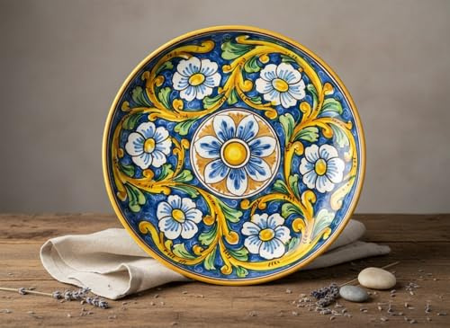 Piatto grande in ceramica siciliana blu giallo verde rosso di santo stefano di camastra decorata a mano barocco Art 12
