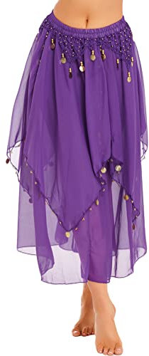 Alvivi Damen Bauchtanz Rock Chiffon Asymmetrisch Rock mit Münzen Gürtel Ballettrock Tanzrock Bauchtanz Kostüm A Lila Einheitsgröße