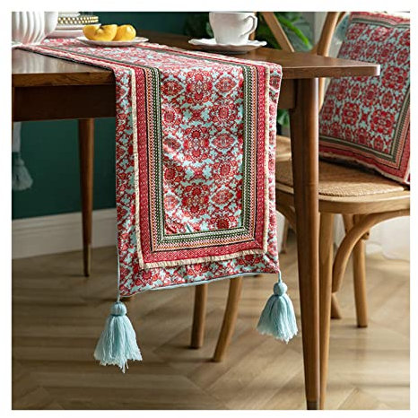 Ayoiow Leinen Tischläufer Natur 180 Rot Tischläufer 30X180 Pflanzen Quasten Tischläufer