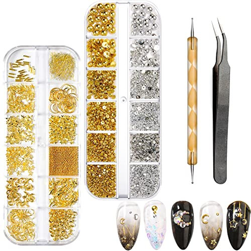 BDSHUNBF 1400 Stück Nagel Art Strasssteine Set, Gold Glitzersteine Nail Art, Kristall Nagel Steinchen Set, Sterne Mond Nail Art Charms, für Nägel DIY, mit Pinzette und Bohrstift