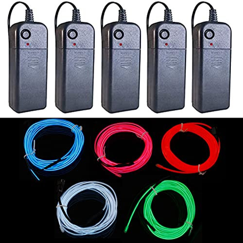 GERUI 2 m, filo di luce al neon, 5 colori, per decorazioni di Halloween, costume fai da te, modifica interna della striscia luminosa dell'atmosfera,5 colori(verde, blu, rosso, bianco, rosa)