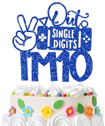 Gaming Happy 10th Birthday Cake Topper, Level 10 Unlocked, Peace Out Single Digits I'm 10, Double Digits Ten, Glittery Video Game Themed 10th Birthday Party Decorations (Blue)