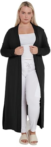 eyes Ladies Plain Long Maxi Length Boyfriend Women Cardigan Collared Open Top Full Sleeve Floaty Duster Jacket Coat Casual Blazer Plus Size Cardigans Black 20 to 22