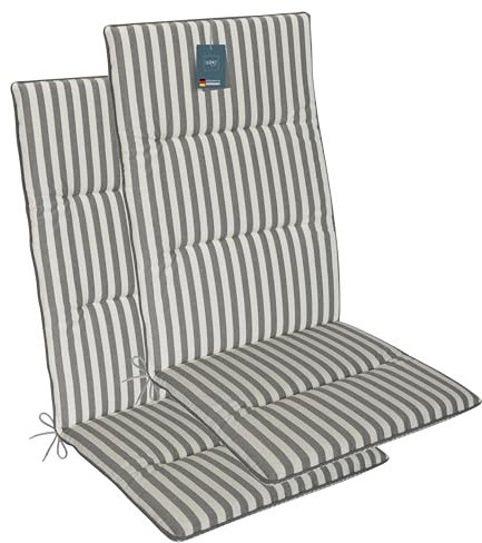 LILENO HOME Gartenstuhl Auflagen als [2er Set - Hochlehner] in Streifen Grau + Keder Grau - Bequeme Liegen als Sitzauflagen für Gartenmöbel - Stuhlkissen für Gartenstühle und Klappstühle MAD