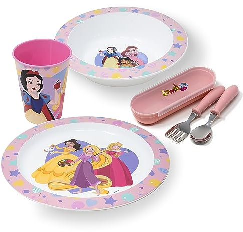 damaloo Set de Vajilla Infantil de Princesas para Niñas - Plato, Vaso, Bol y Cubiertos Infantiles, Conjunto de Vajilla infantil para Desayuno, Almuerzo y Cena, Reutilizable y Libre de BPA