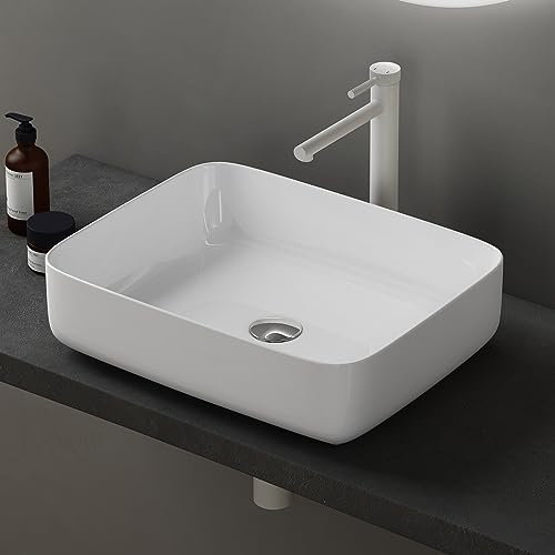doporro Lavabo da Appoggio in Ceramica Lavabo Bagno Rettangolare Lavandino con Bordo Sottile 50x40x13,5 cm Bianco Lucido Lavamani Lavello senza Foro Rubinetto per Guardaroba Bagno Brüssel106