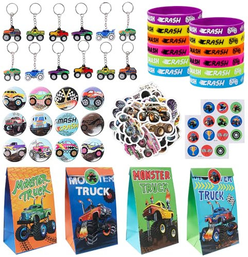 98 Stück Monster Truck Party Mitgebsel, Inklusive Monster Truck Geschenktüten Silikon-Armband Abzeichen Schlüsselanhänger Aufkleber für monster truck geburtstag, monster truck deko geburtstag