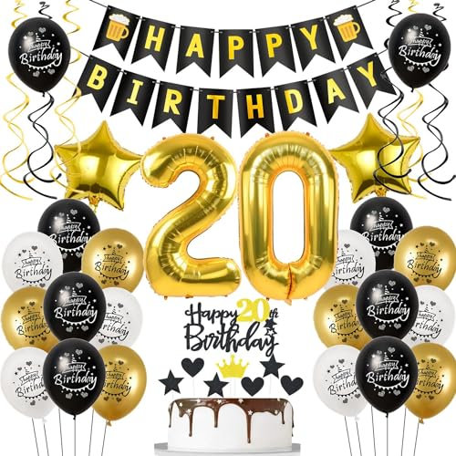 Deko 20 Geburtstag Deko Mann Frauen, Luftballon 20. Geburtstag Schwarz Gold, Geburtstagsdeko 20 jahre Mann Luftballon, Tortendeko 20. Männer Geburtstagsdeko 20 jahre für Frau