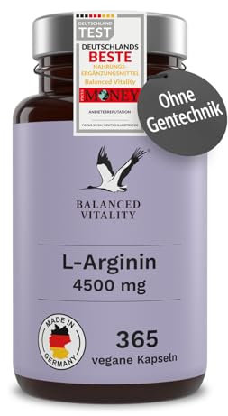 L-Arginin - 365 vegane Kapseln - 4500mg pflanzliches L-Arginin HCL je Tagesdosis - 2 Monate - Ohne Zusatzstoffe - Laborgeprüft - Balanced Vitality