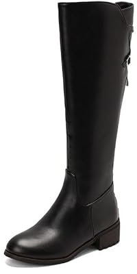 REKALFO Donne Mid Calf Stivali Tacco Basso Ginocchio Stivale Alto Moda Zip Stivali Invernali nero 37 EU
